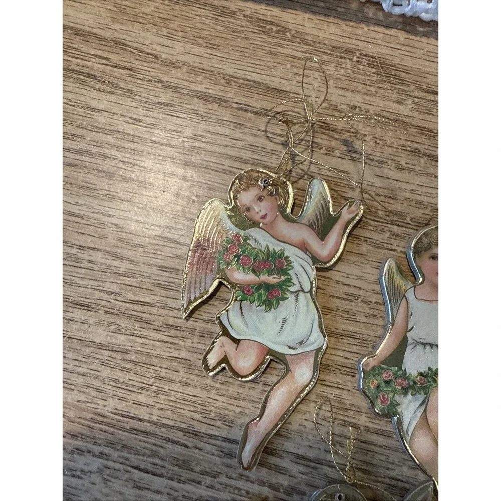 3 Pc Victorian Style Die Cut Angel Christmas Ornaments 1979 Merrimack Paper Gold